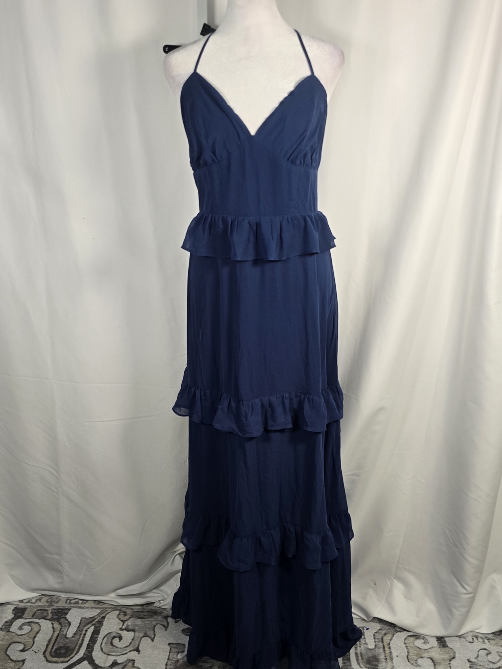 Lulus Captivating Class Navy Blue Ruffled Tiered Maxi Lace-Up Dress Sz Lg